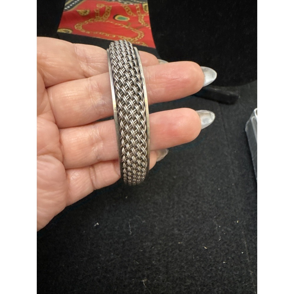 STERLING SILVER ROUNDED BASKET WEAVE 1/2 INCH WIDE BANGLE BRACELET 32.5 GRAMS